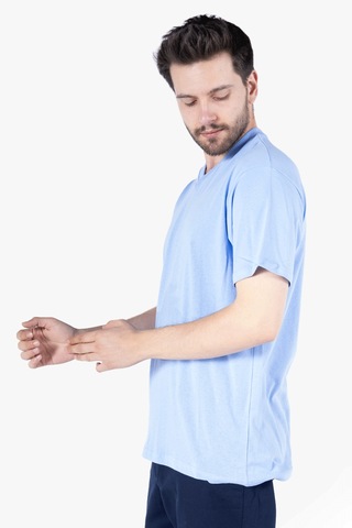 T-shirt V Yaka %100 Pamuk Gök Mavi