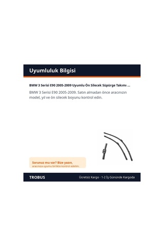 Trobus Bmw 3 Serisi E90 2005-2009 Uyumlu Ön Silecek Süpürge Takımı 24-19 İnç