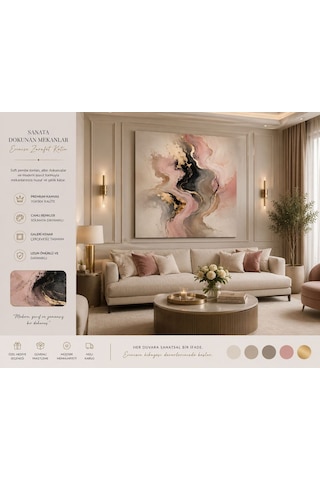 Premium Soft Pembe & Altın Dokulu Soyut Kanvas Tablo Modern Lüks Duvar Dekoru Genç Kız Odası, Yatak Odası, Salon Ve Çalışma Odası Dekorasyonu