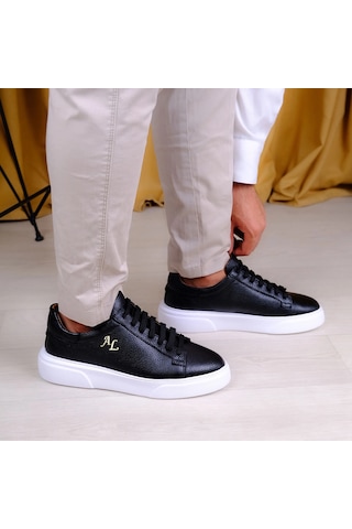 Twingold Kişiselleştirilebilir Kalın Ortopedik Tabanlı %100 Deri Sneaker Spor Ayakkabı - Siyah - Beyaz Siyah