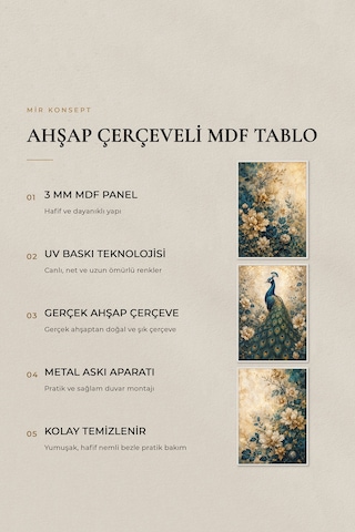 Zümrüt Tavus Kuşu 3'lü Mdf Tablo Seti Gerçek Ahşap Çerçeveli Modern Salon Yatak Odası Duvar Tablosu Renk: Beyaz