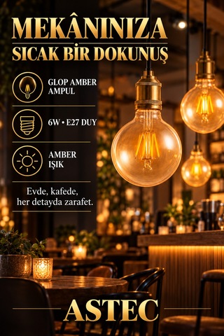 Astec E27 Glop 6 Watt Filament Ampul Amber Işık Dekoratif Filament Led Tombul Ampul
