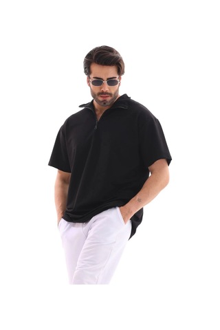 Novalisse Erkek Yarım Fermuarlı Düz Oversize T-shirt - Siyah Çoklu Renk