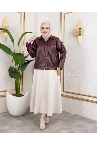Hb Harma Time Butik Kadın Bordo Deri Astarlı Fermuarlı Ceket