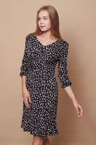 Kadın Hafif Likralı Yumuşak Dokulu Kumaş V Yaka Önü Düğümlü Eteği Volanlı Uzun Kol Diz Boy Elbise-siyah Bej Konfeti Konfeti