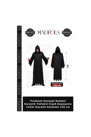 Premium Konsept Kombin Karanlık Yetişkin Siyah Kapüşonlu Cellat Hayalet Kostümü 140 Cm