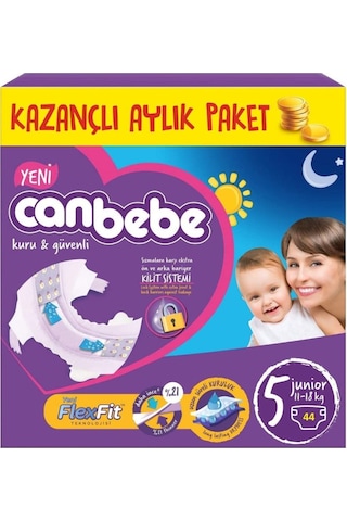 Canbebe Bebek Bezi Kilit Sistemli 5 Numara Junior Kazançlı Aylık Fırsat Paketi 44 Adet