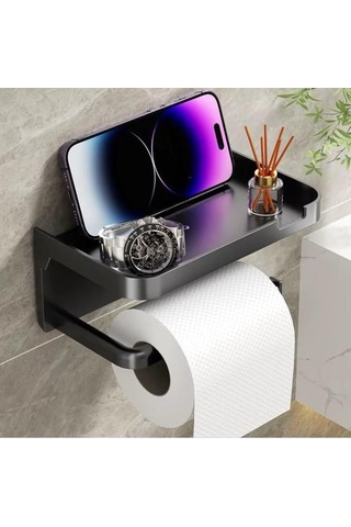 Marelli Black Telefonluklu Wc Kağıtlık / Siyah Tuvalet Kağıdı Tutucu Raflı Çok Renkli