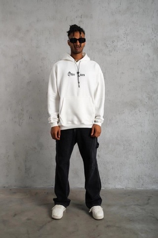 Defymoda Oversize Üç İplik Şardonlu Kapüşonlu Sweatshirt Beyaz Other Lives Ön Ve Arka Baskılı, Kanguru Ce Beyaz
