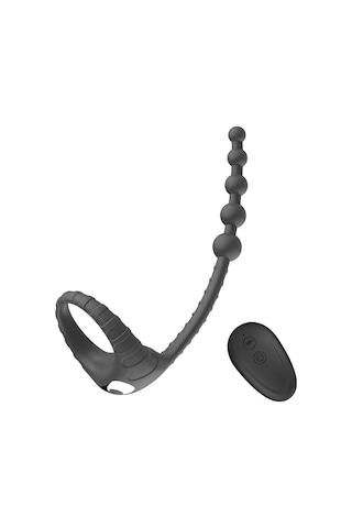 Carmine Titreşimli Kumandalı Penis Halkalı Anal Plug Siyah