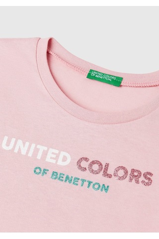 Kız Çocuk Pembe Simli Logo Baskılı T-shirt Pembe