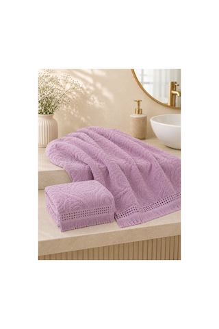 Paisley Desenli Saçaklı 2 Li Baş Ve Banyo Havlusu Seti 50x90 + 90x150 Cm - Lila
