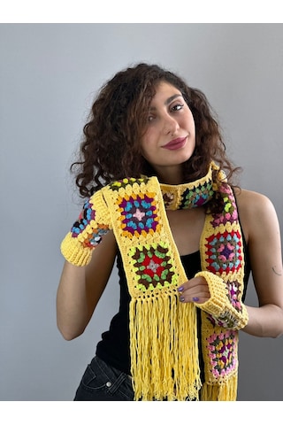 Gönülden Tasarım El Örgüsü Etnik Motif Desenli Atkı Eldiven Set Atkı 180 Cm Sarı