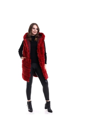 Kapşonlu Peluş Kürk Yelek Premium Kalite, Tam Astarlı, Uzun Model - Kırmızı Kırmızı