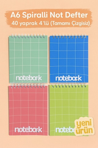 A6 Spiralli Not Defter 40 Yaprak 4'lü Tamamı Çizgisiz