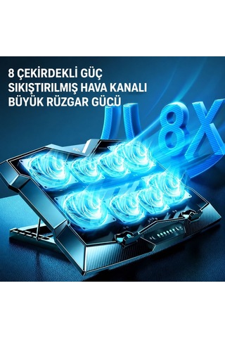 Techtic 8 Fanlı 18-11inç Rgb Işıklı Notebook Laptop Soğutucu Fan Yükseklik Ayarlı