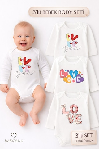 Babyden's Love Temalı 3 Lü Bebek Body Seti %100 Pamuk Uzun Kollu Çıtçıtlı Bebek Zıbını Unisex Beyaz