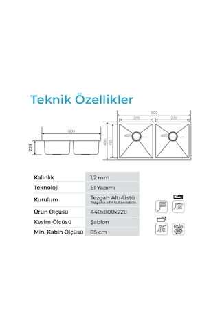 Crauf Stella 4580 Pvd Füme 2 Gözlü Paslanmaz Çelik Mutfak Eviyesi Füme