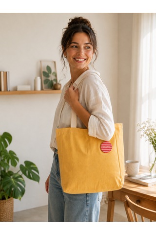 Faralya Life Çıtçıtlı Kapama Sarı Renk Kadın Çanta Plaj Çantası Günlük Çanta %70 Pamuk %30 Polyester Omuz Çantası Açık Sarı