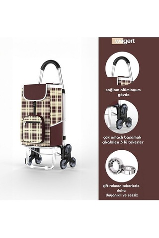 3 Tekerlekli Katlanır Desenli Alüminyum Pazar Arabası Su Geçirmez Kahverengi