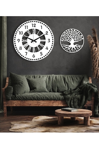 50X50 Dekoratif Beyaz Duvar Saati + Tablo 35 Cm Hediye Beyaz
