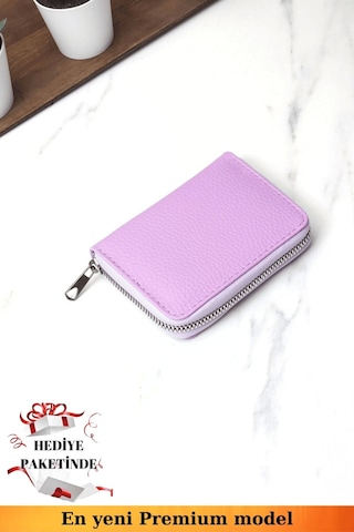 Unisex Vegan Deri Fermuarlı Lila Cüzdan Kartlık Ve Portföy Hediye Paketinde Siyah