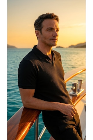 Süvari Regular Waffle Kumaş V Patlı Polo Yaka Nefes Alabilen T-shirt Siyah