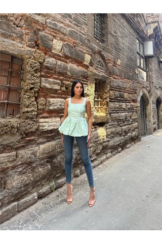 WeShaya Mint Pamuk Polyester Kare Yaka Bluz Mint