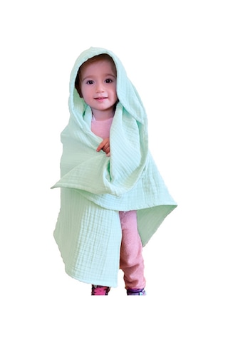 4 Katlı Müslin Kapşonlu Bebek Çocuk Banyo Havlusu Kundak Mint Yşl