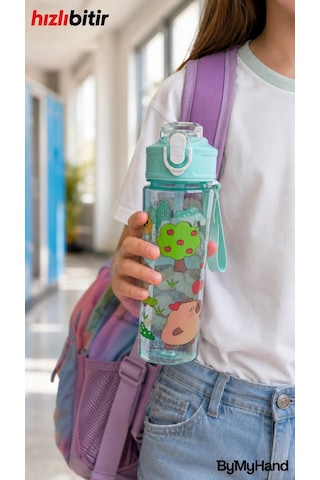 Bymyhand Yeşil Taşıma Kulplu Kilit Kapaklı Pipetli Suluk Okul Matarası 1000 Ml