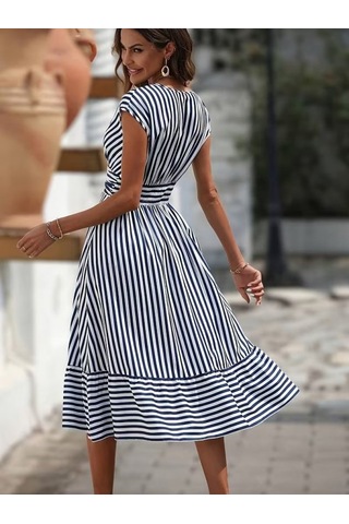 Alyn Wear Kadın Kısa Kollu V Yakalı Çizgili Süprem Midi Elbise Çok Renkli