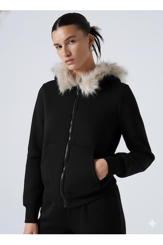 Afri Kadın Siyah Fermuarlı Kapüşonlu Sweatshirt Kürklü Kapüşon, Cepli, Rahat Kalıp Siyah