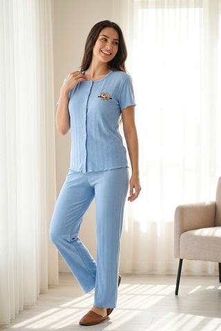 Mataş Kadın Ayıcık Desenli Bambu Viskon Kısa Kollu Yumuşak Soft Örme Pijama Takımı Mavi