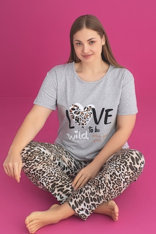 X-dreamy Büyük Beden Pamuklu Leopar Desenli Kısa Kollu Pijama Takımı Leopar