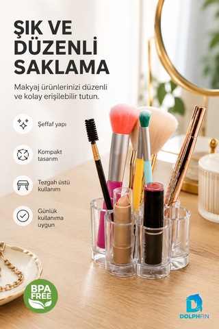 Papatya Model Şeffaf Makyaj Organizeri Kozmetik Fırça Ve Ruj Düzenleyici 9x9x5,5 Cm