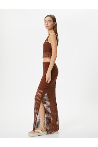 Koton Uzun Kroşe Etek Ajurlu Yüksek Bel Yanları Yırtmaçlı Astarlı Slim Fit Kahverengi 4sal70009ık Kahve