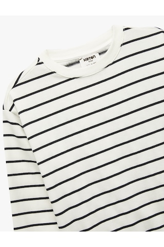 Koton Pamuklu Şardonlu Uzun Kollu Bisiklet Yaka Çizgili Sweatshirt Ekru Çizgili 7wmb10021tk