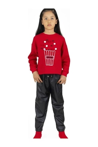 Kız Çocuk Popcorn Baskılı Sweatshirt-13493 Kırmızı