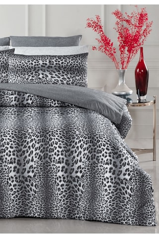Lastikli Çarşaflı Çift Kişilik Nevresim Takımı Leopar Füme - Gri