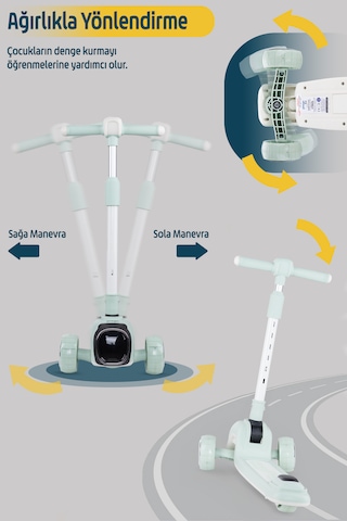 Prego Flow Müzikli Işıklı Oturaklı Çocuk Scooter Katlanabilir - Yükseklik Ayarlı Yeşil