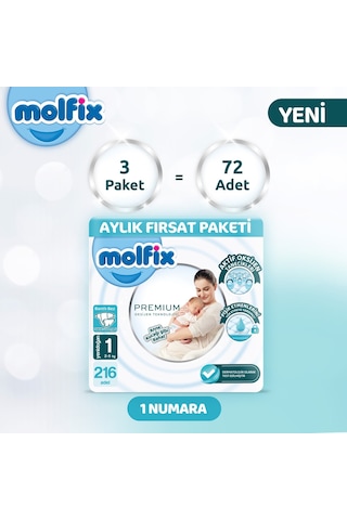 Molfix Premium Aylık Fırsat Paketi 1 Beden 216 Adet 1 Numara 3'lü