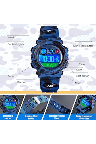 Çocuklar İçin Dijital Spor Saati Erkek Kız Çocuk Su Geçirmez Elektronik Çok Fonksiyonlu Günlük Açık Hava Saatleri 7 Renkli Led Işıklı Alarm D Diğer