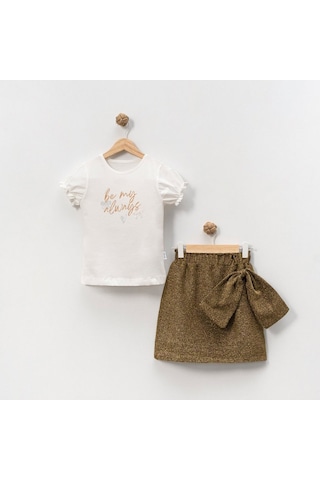 Overdo Kids Kız Çocuk Kısa Kol T-shirt Simli Etek Takım Ekru
