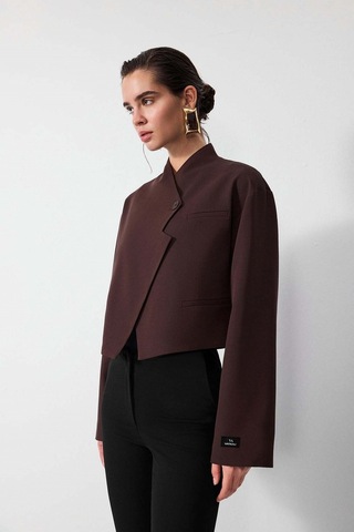 Vatkalı Diagonal Crop Blazer Ceket-16645 Kahverengi