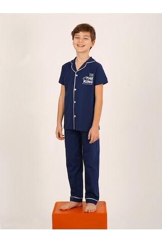 Vitmo Erkek Çocuk Kısa Kollu Düğmeli %100 Pamuklu Pijama Takımı The King Lacivert