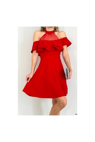Store Tül Volanlı Yaka Mini Elbise Kayık Kumaş Zümrüt - 935899180 Zümrüt