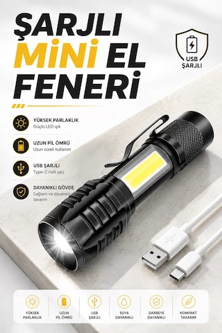 Hepsi El Feneri Led Usb Şarjlı Zoom Mini Led Işık Acil Durum Feneri Najmaddin ANTRASİT