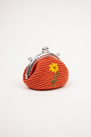 Fabric Craft Bag Bozuk Para Cüzdanı Klipsli Örgü, Çiçek Nakışlı Merserize İplik Kiremit