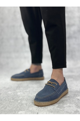 Ba0358 Boa Doğal Deri Tozu Bağcıklı Kauçuk El Yapımı Espadril Taban Mavi Renk Erkek Ayakkabı Mavi