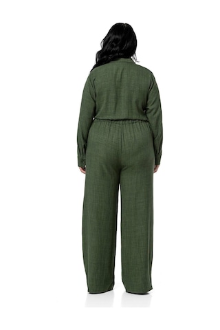 Büyük Beden Beli Tünelli Ve Arkadan Lastikli Geniş Paça Haki Tulum Haki